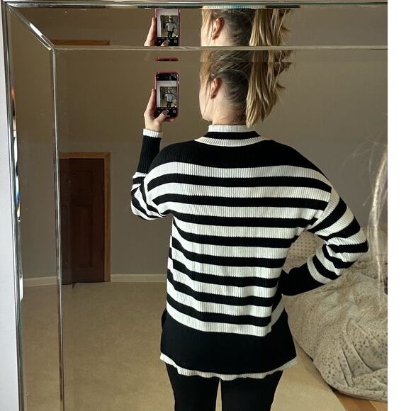 Philosophy: Mock Neck  Black and White Color blocked Stripped Sweater - Picture 2 of 7